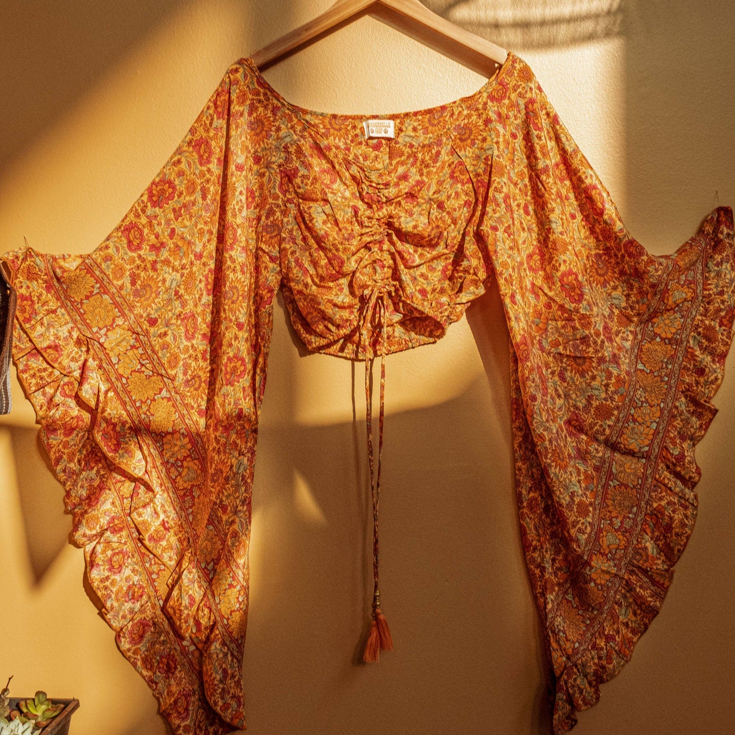 Hippie Flare Bell Sleeve Cinch Top - ORANGE PAISLEY