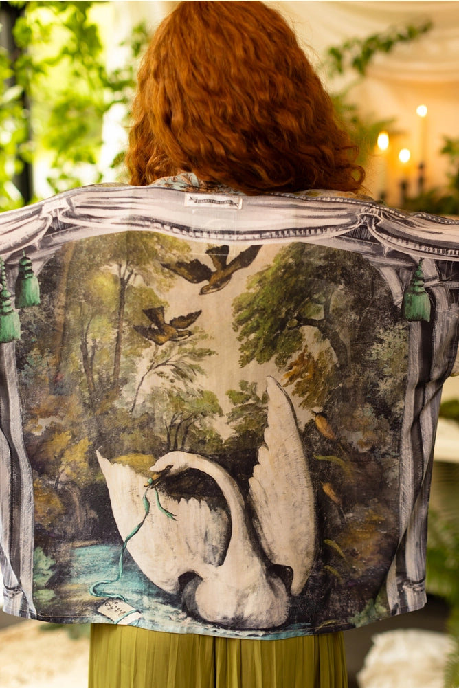 Kimono Theatre of Dreams Cropped Bamboo Fabric with Swan Design