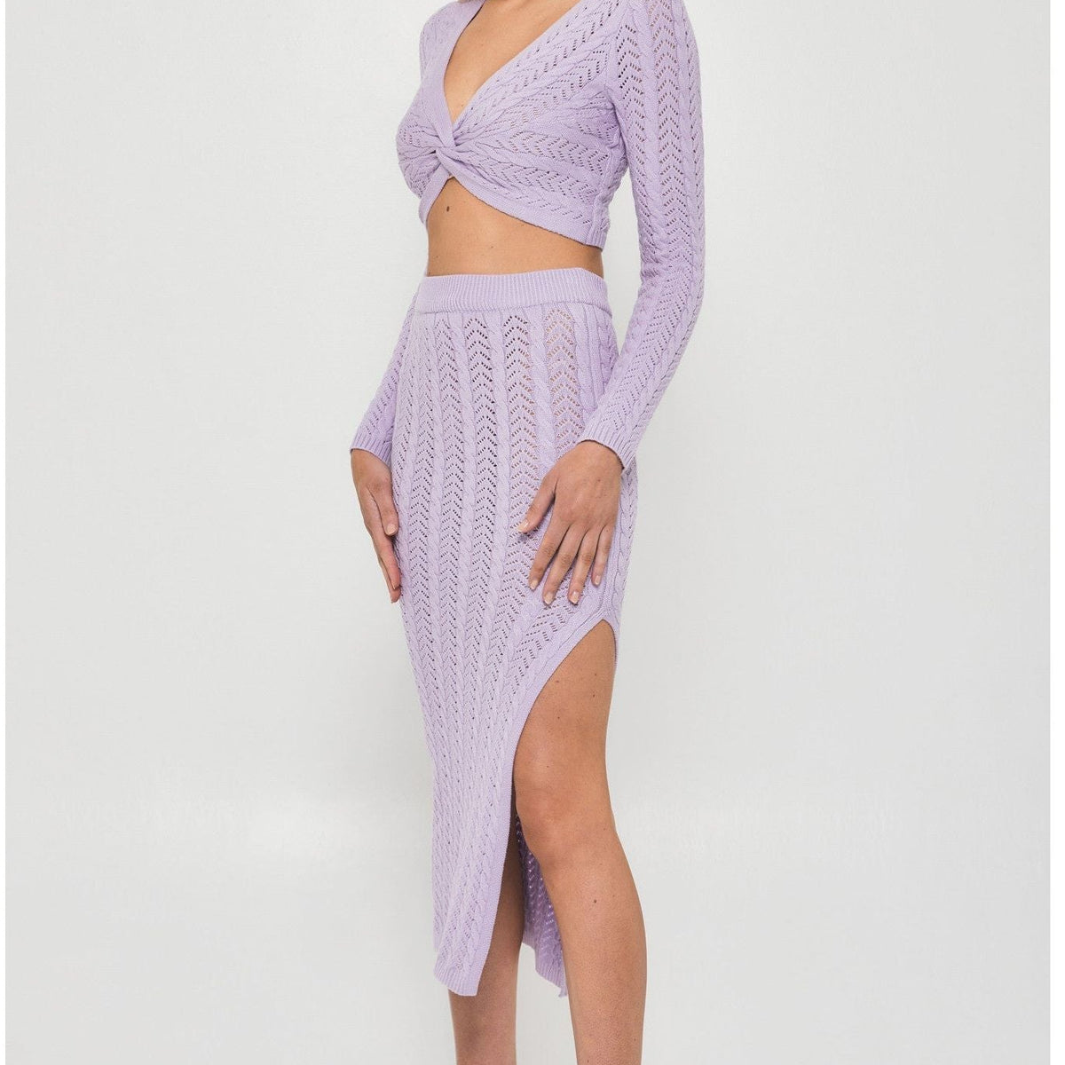 Crotchet Knit Set with Front Knot Top and Midi Skirt