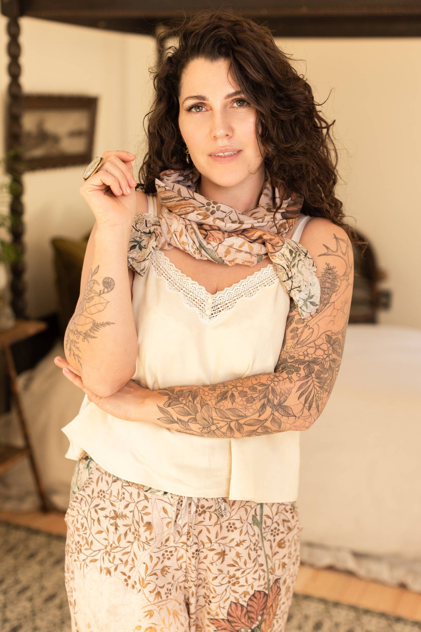 Folklore Floral Bamboo Scarf with Bird of Peace Image