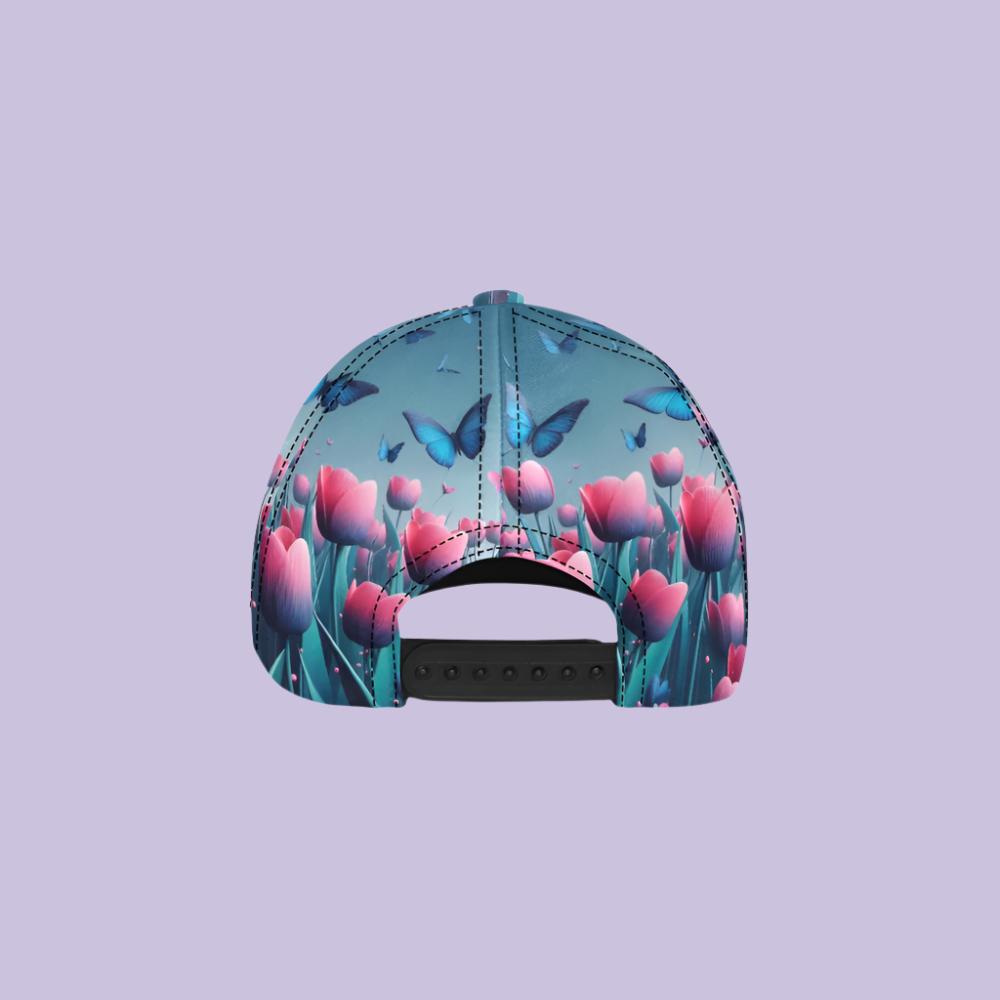 Pink Tulip and Butterfly design cotton chino twill cap.
