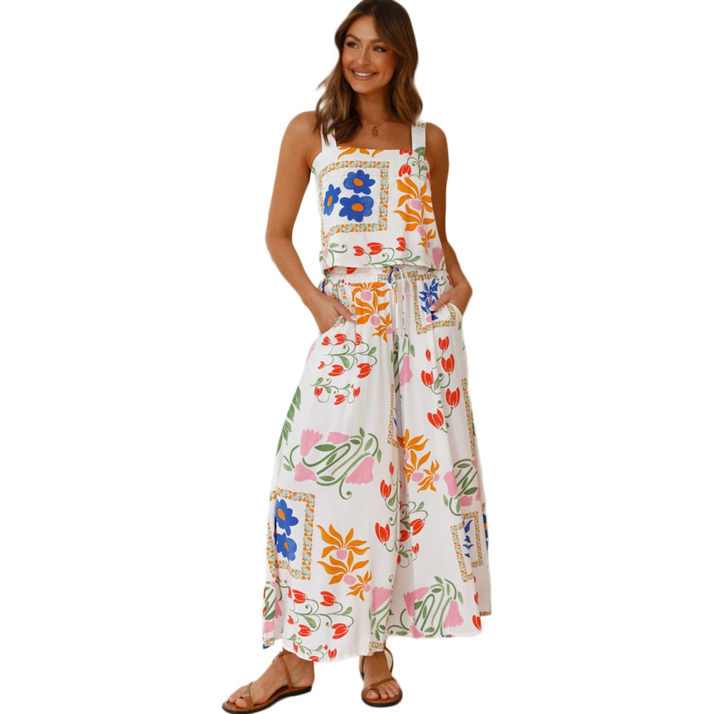 Beautiful Boho Floral Set - Square Neck Tank Top and Wide Leg Pants