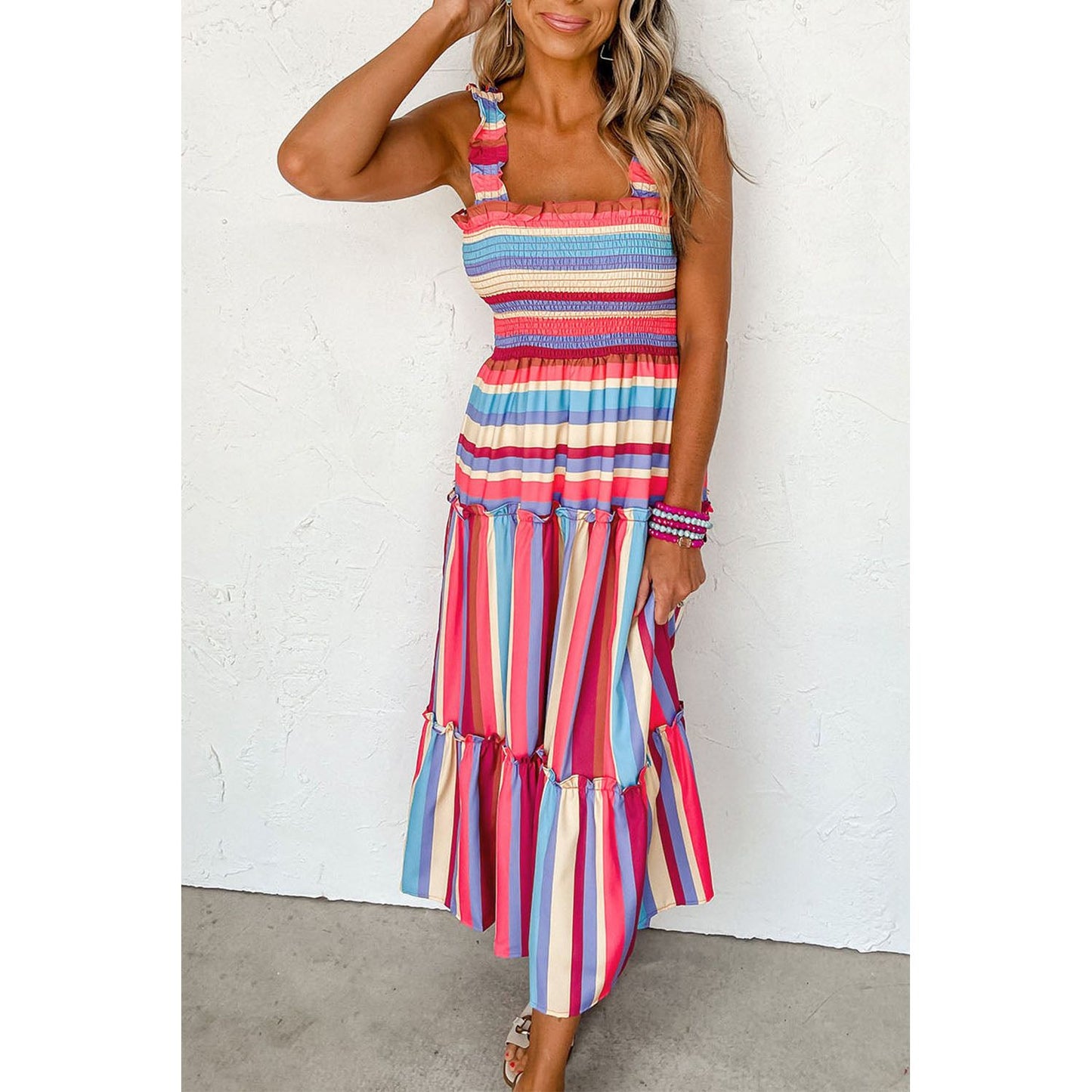 Red Striped Ruffled Straps Summer Midi Dress | Ginger Bear Boutique