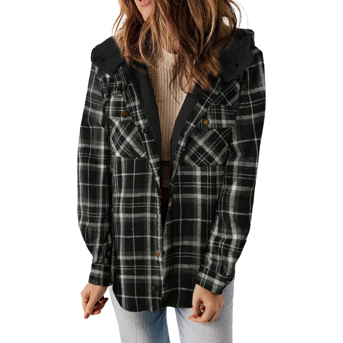 Gray Snap Button Sherpa Lined Hooded Flannel Jacket