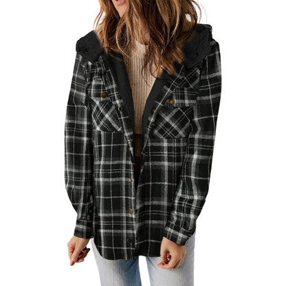 Gray Snap Button Sherpa Lined Hooded Flannel Jacket