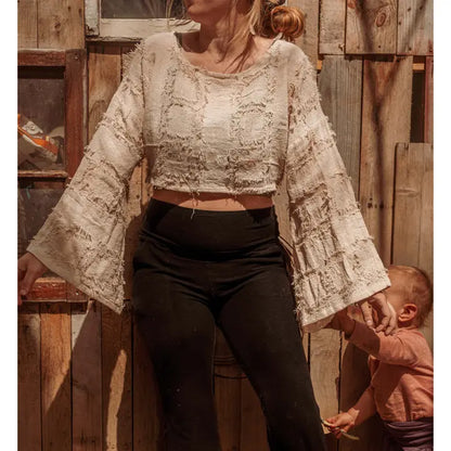 Grunge Boho Style Bell Sleeve Crop Top, Mesh Summer Top
