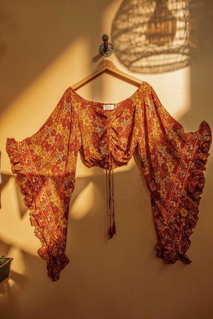Hippie Flare Bell Sleeve Cinch Top  -  ORANGE PAISLEY
