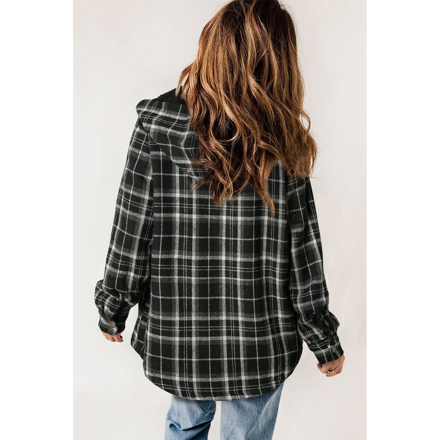 Gray Snap Button Sherpa Lined Hooded Flannel Jacket