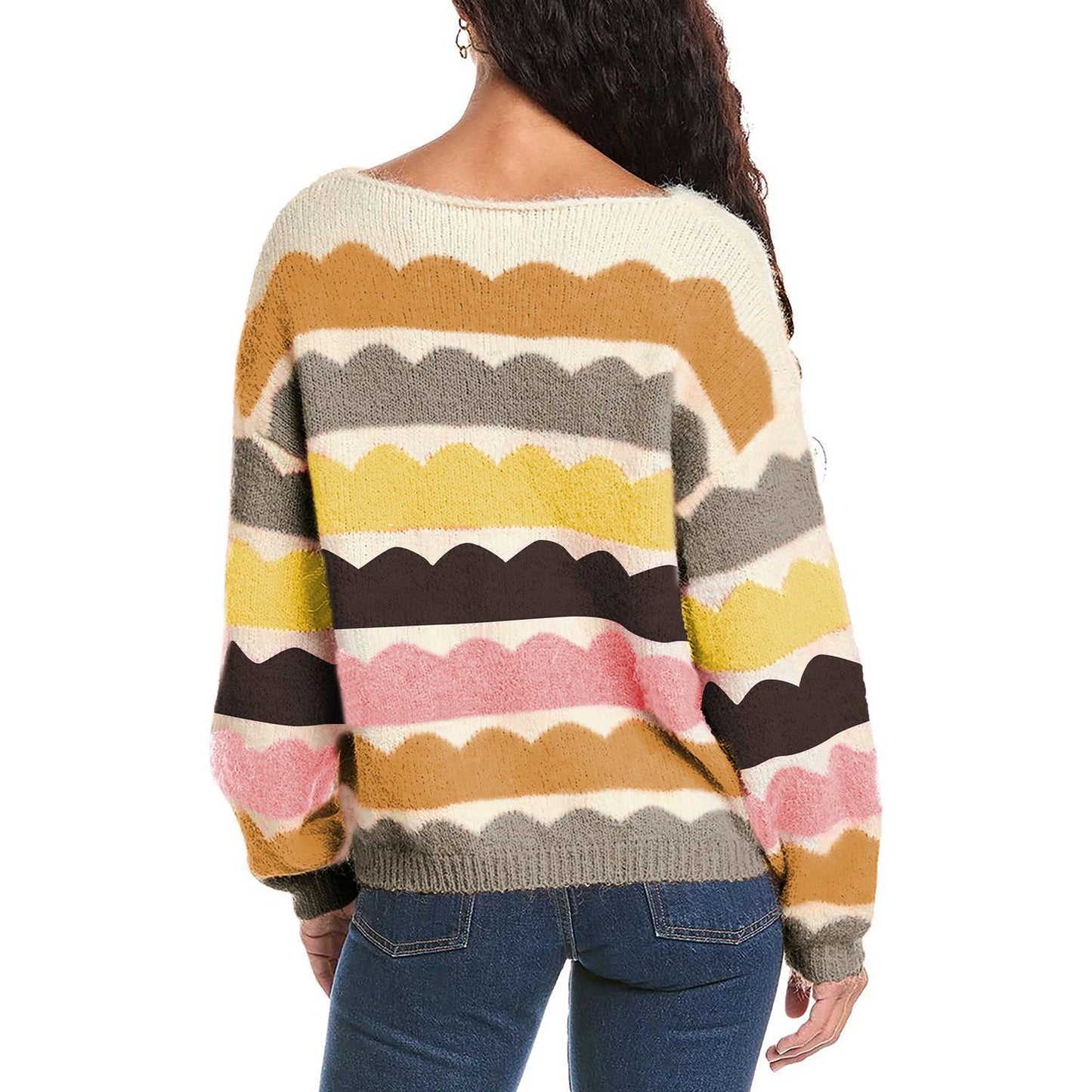 Beautifully Soft Yellow Wave Striped Balloon Sleeve Drop Shoulder Sweater