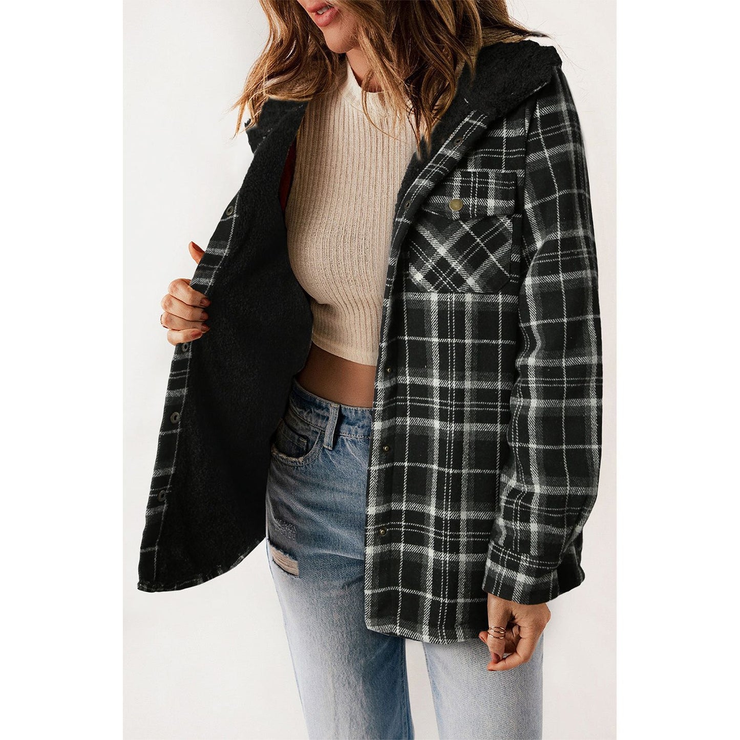 Gray Snap Button Sherpa Lined Hooded Flannel Jacket