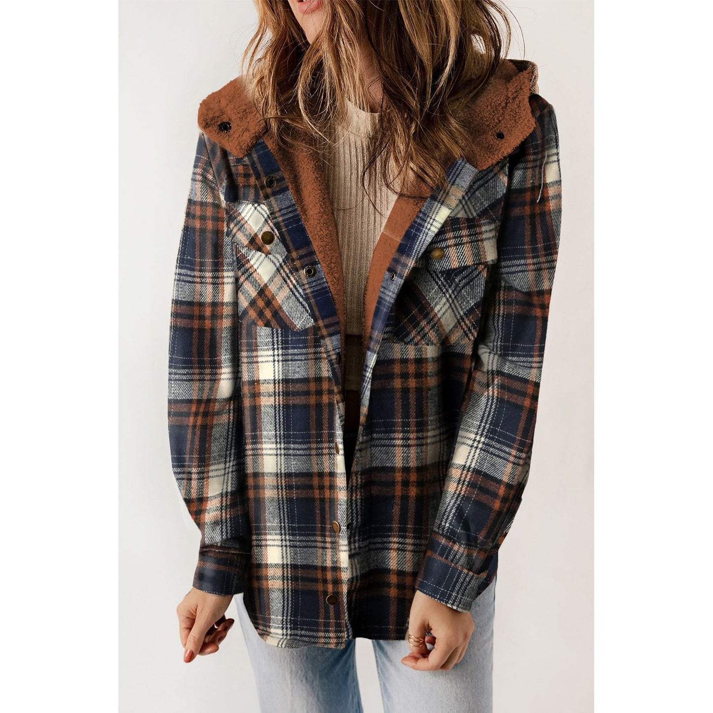 Gray Snap Button Sherpa Lined Hooded Flannel Jacket