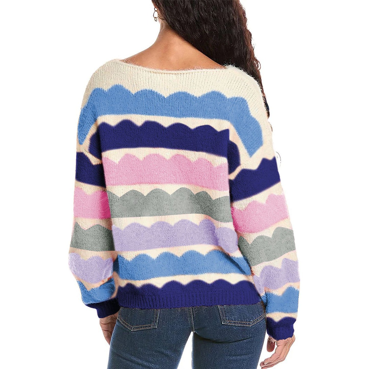 Beautifully Soft Yellow Wave Striped Balloon Sleeve Drop Shoulder Sweater