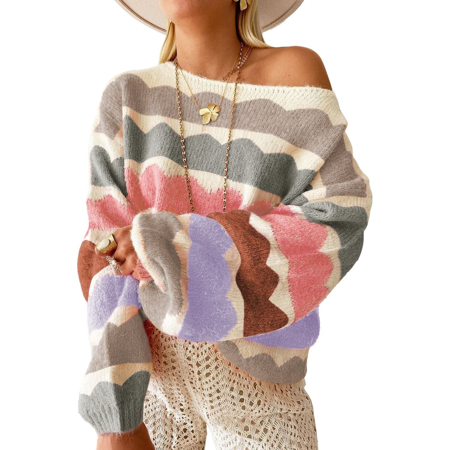 Beautifully Soft Yellow Wave Striped Balloon Sleeve Drop Shoulder Sweater