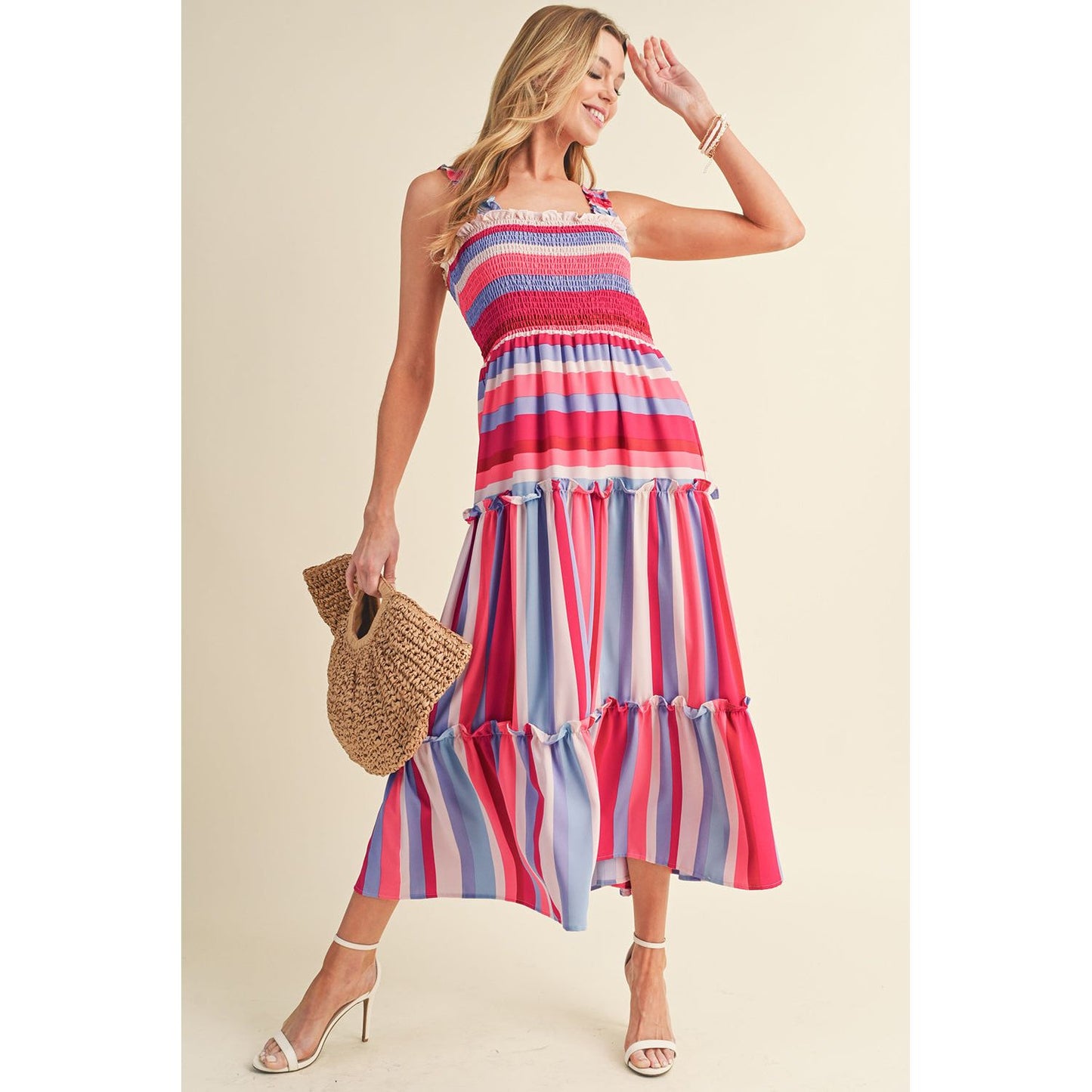 Red Striped Ruffled Straps Summer Midi Dress | Ginger Bear Boutique
