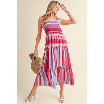 Red Striped Ruffled Straps Summer Midi Dress | Ginger Bear Boutique
