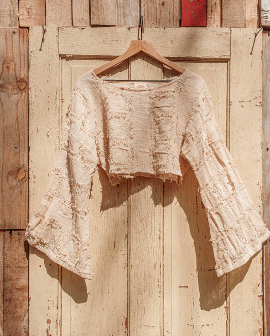 Grunge Boho Style Bell Sleeve Crop Top, Mesh Summer Top: Regular