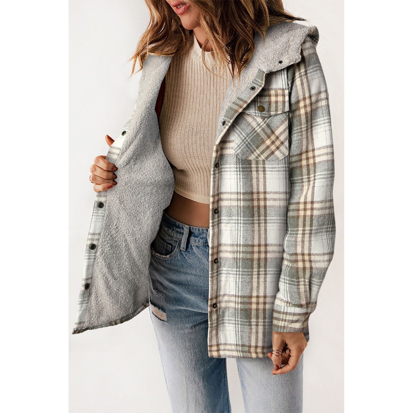 Sherpa Lined Hooded Gray Flannel Jacket | Ginger Bear Boutique