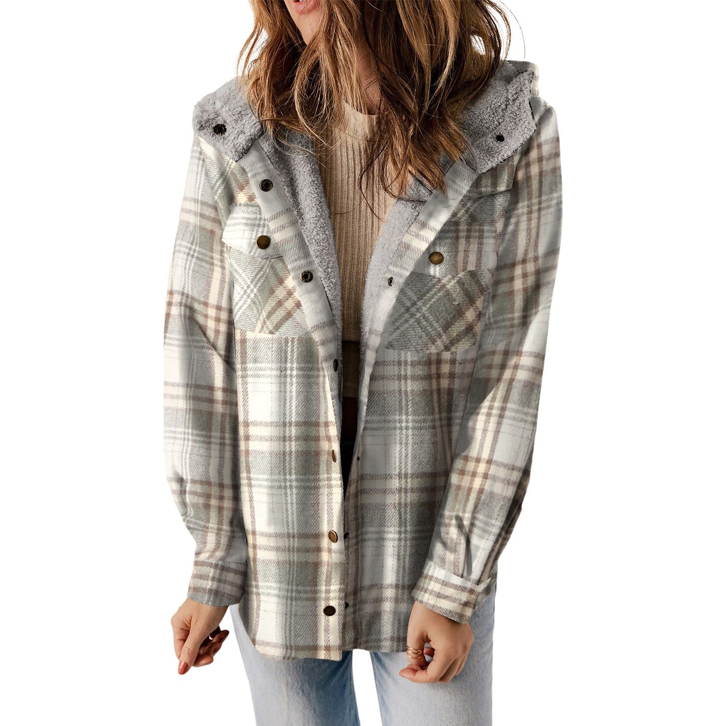 Gray Snap Button Sherpa Lined Hooded Flannel Jacket