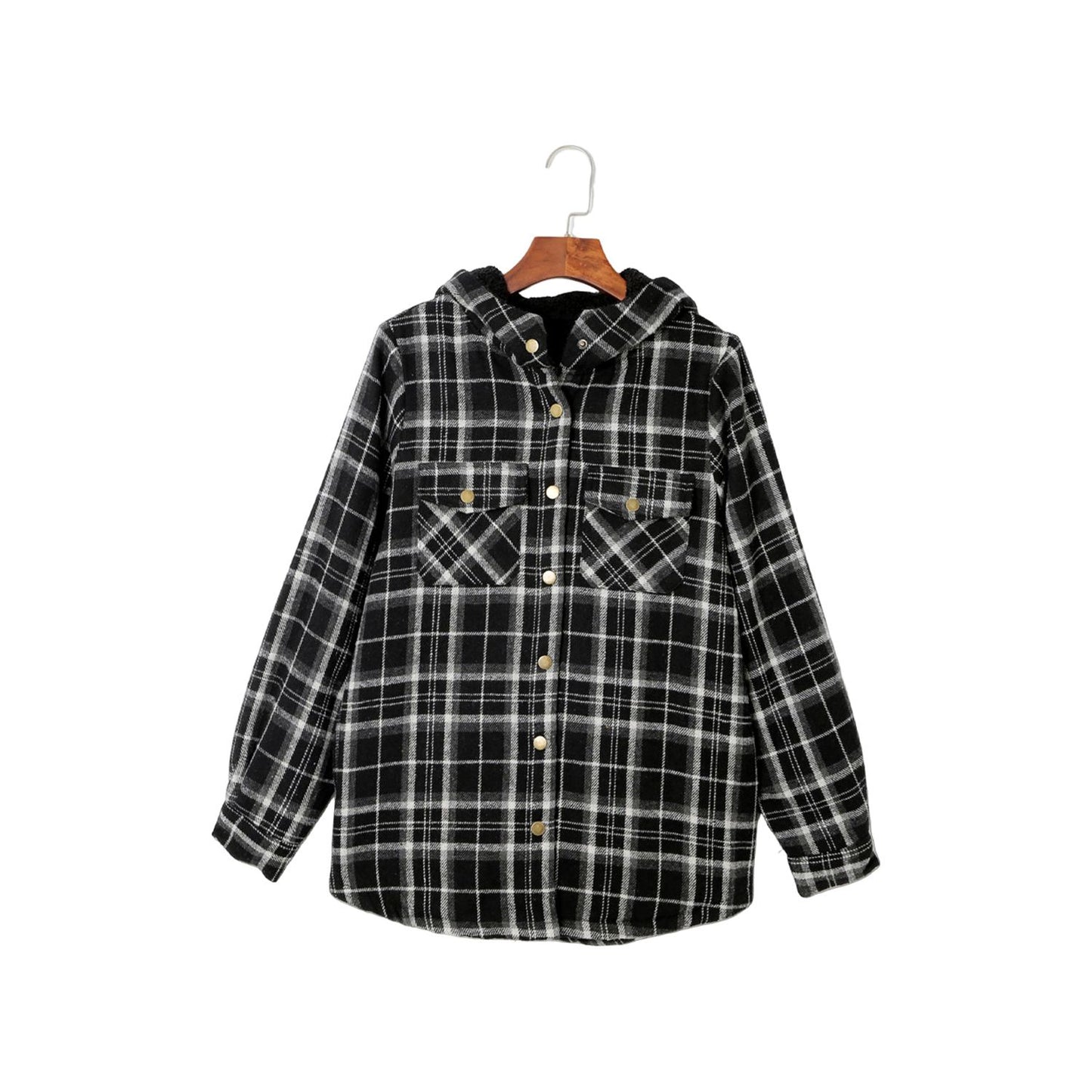 Gray Snap Button Sherpa Lined Hooded Flannel Jacket