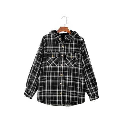 Gray Snap Button Sherpa Lined Hooded Flannel Jacket