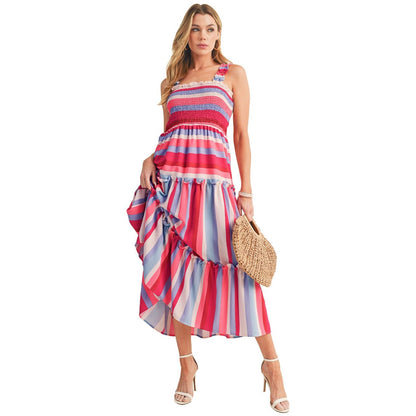 Red Striped Ruffled Straps Summer Midi Dress