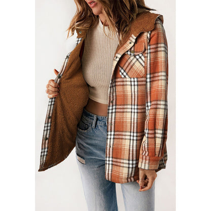 Gray Snap Button Sherpa Lined Hooded Flannel Jacket