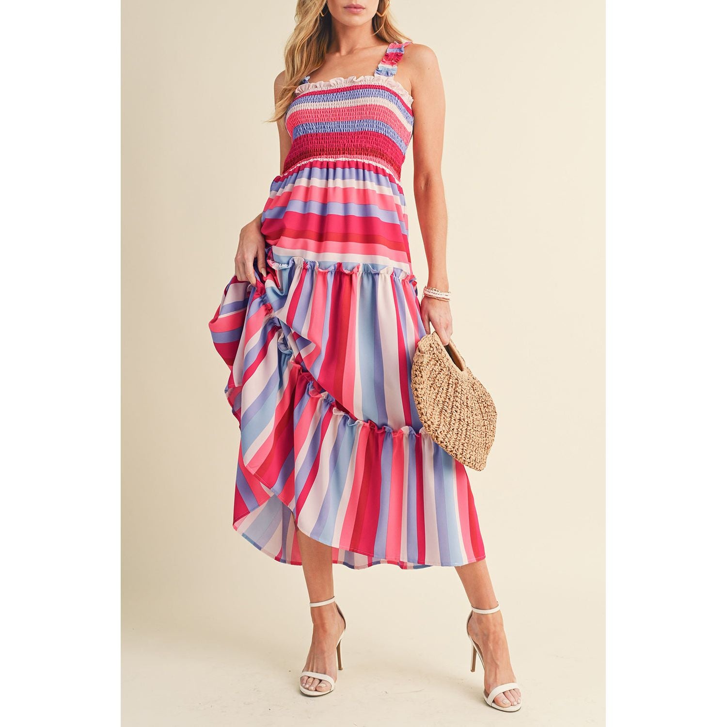 Red Striped Ruffled Straps Summer Midi Dress | Ginger Bear Boutique