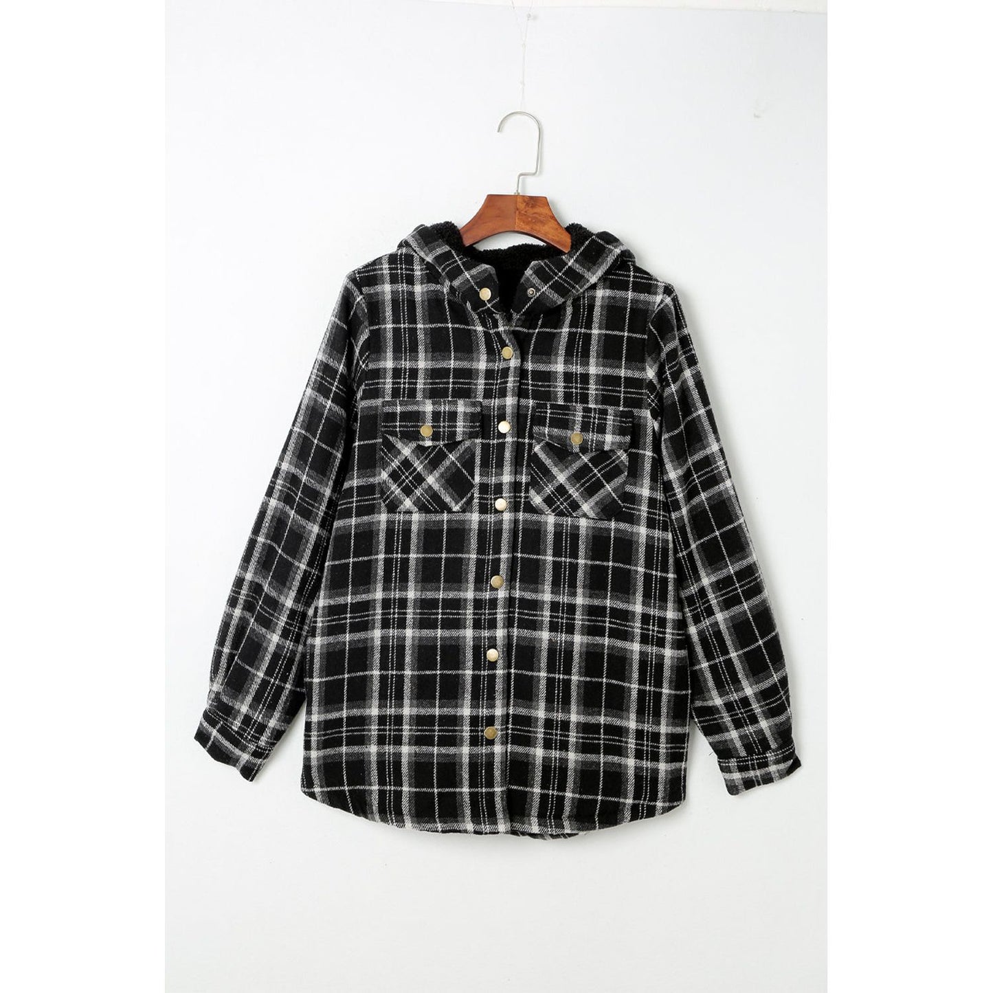 Gray Snap Button Sherpa Lined Hooded Flannel Jacket