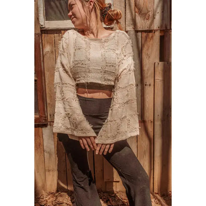 Grunge Boho Style Bell Sleeve Crop Top, Mesh Summer Top