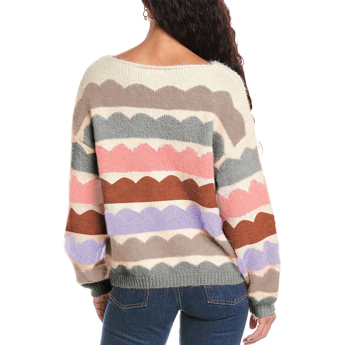 Beautifully Soft Yellow Wave Striped Balloon Sleeve Drop Shoulder Sweater