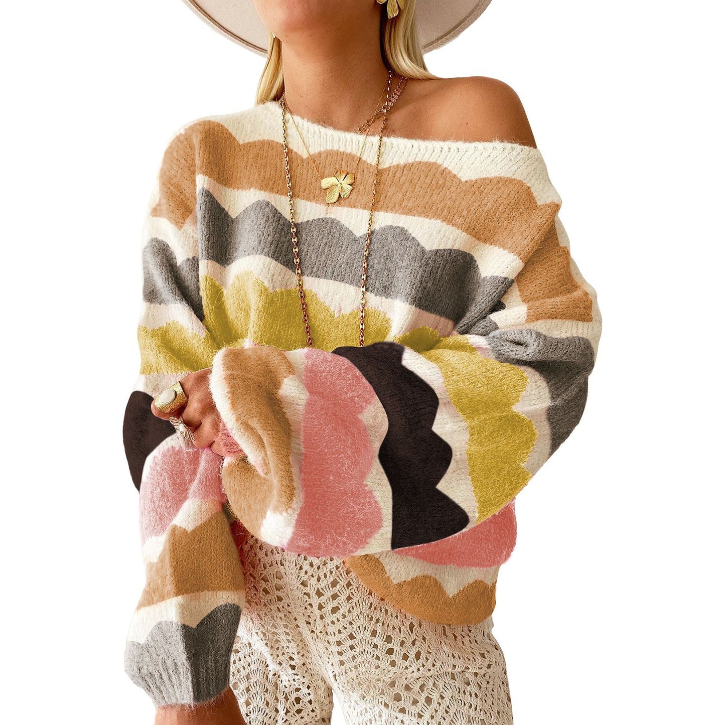Beautifully Soft Yellow Wave Striped Balloon Sleeve Drop Shoulder Sweater