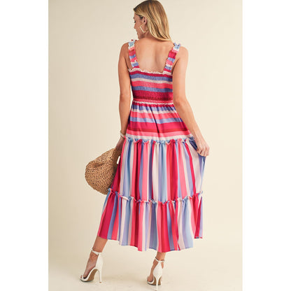 Red Striped Ruffled Straps Summer Midi Dress