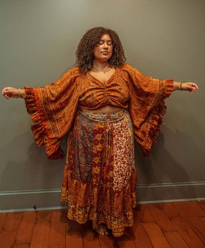 Hippie Flare Bell Sleeve Cinch Top  -  ORANGE PAISLEY