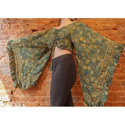 Hippie Flare Bell Sleeve Cinch Top  -  ORANGE PAISLEY