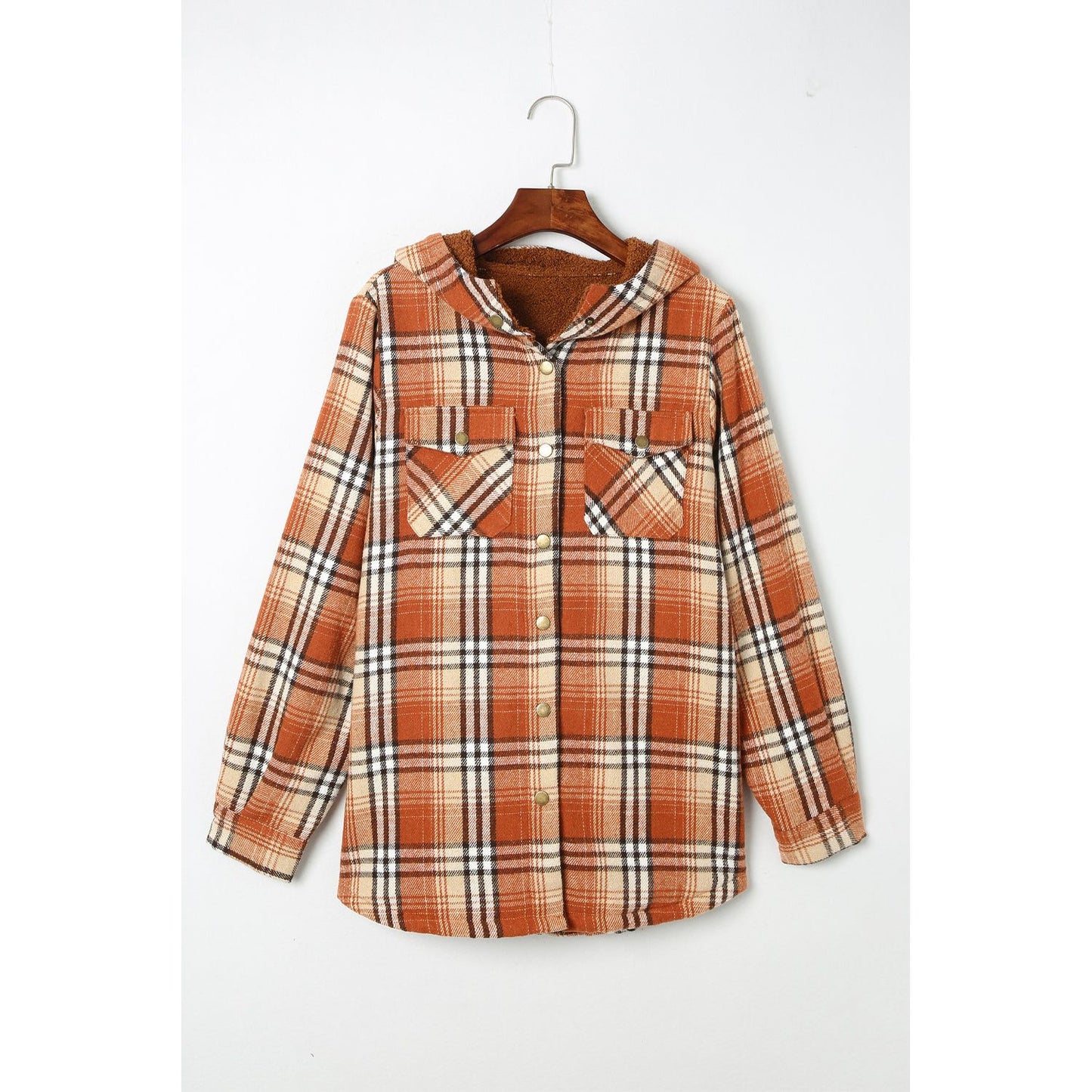 Gray Snap Button Sherpa Lined Hooded Flannel Jacket
