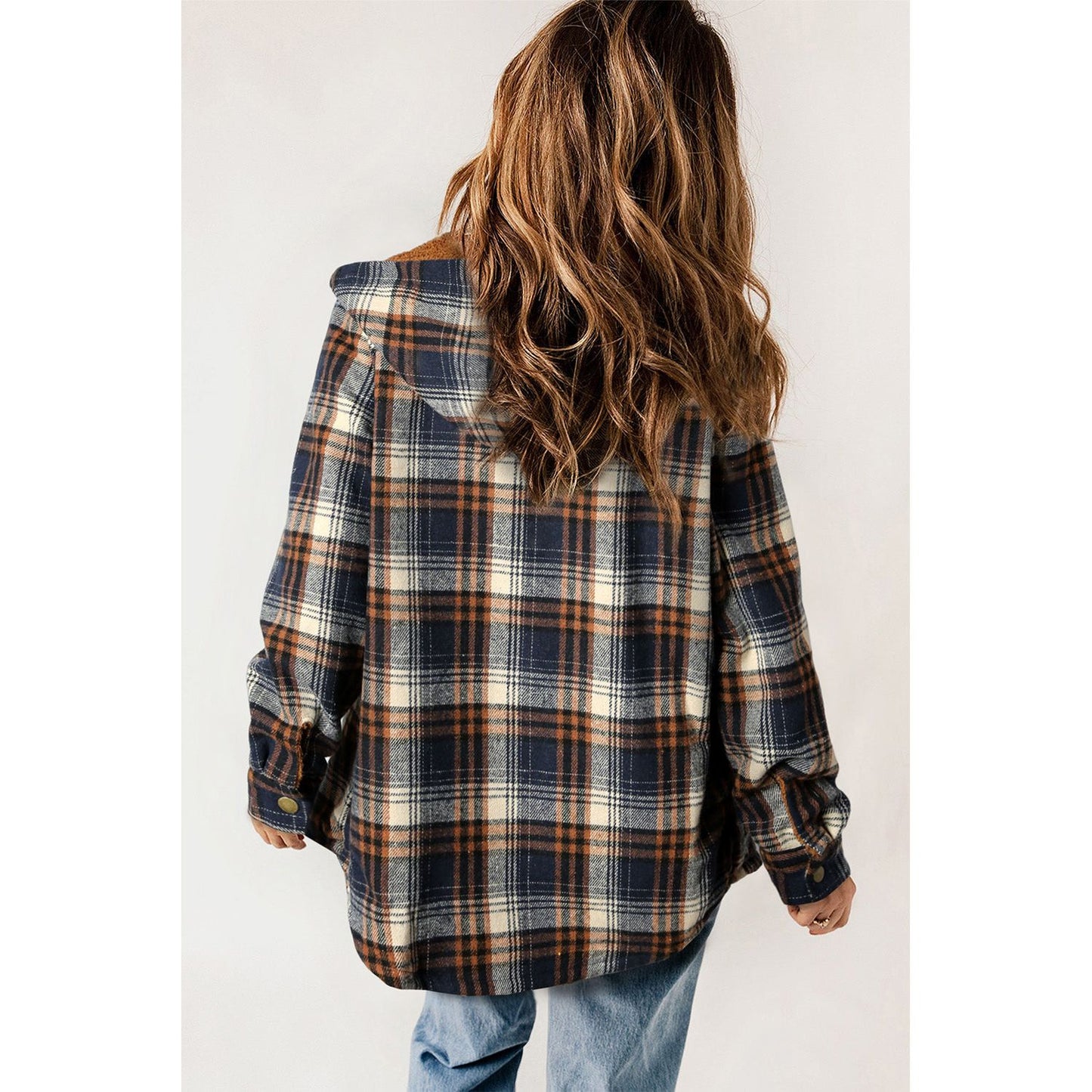 Gray Snap Button Sherpa Lined Hooded Flannel Jacket