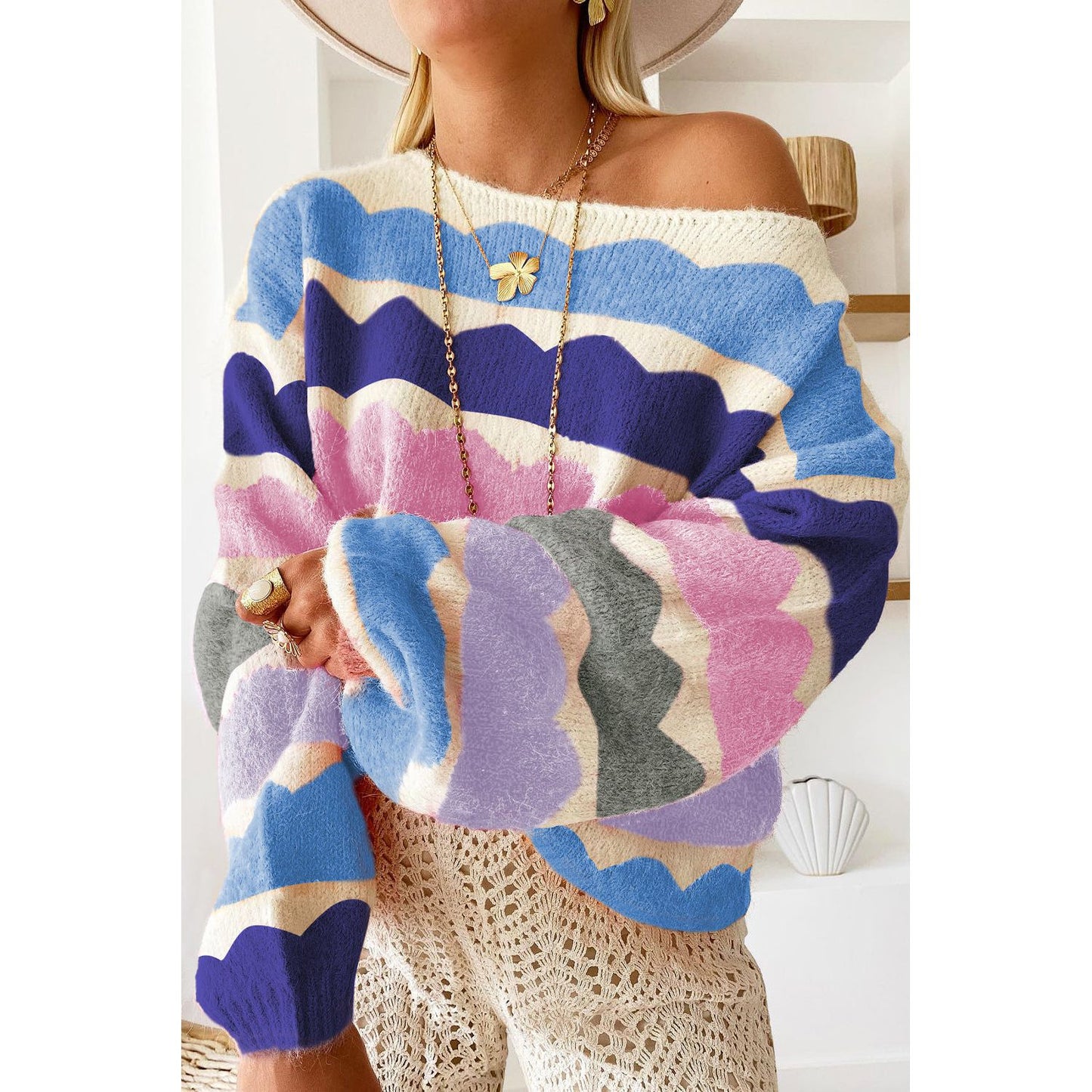 Beautifully Soft Yellow Wave Striped Balloon Sleeve Drop Shoulder Sweater