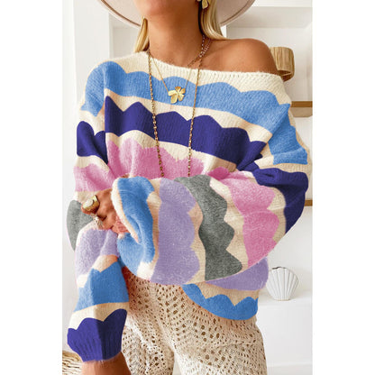 Beautifully Soft Yellow Wave Striped Balloon Sleeve Drop Shoulder Sweater
