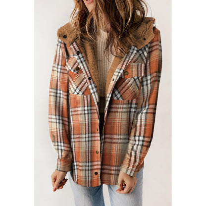 Gray Snap Button Sherpa Lined Hooded Flannel Jacket