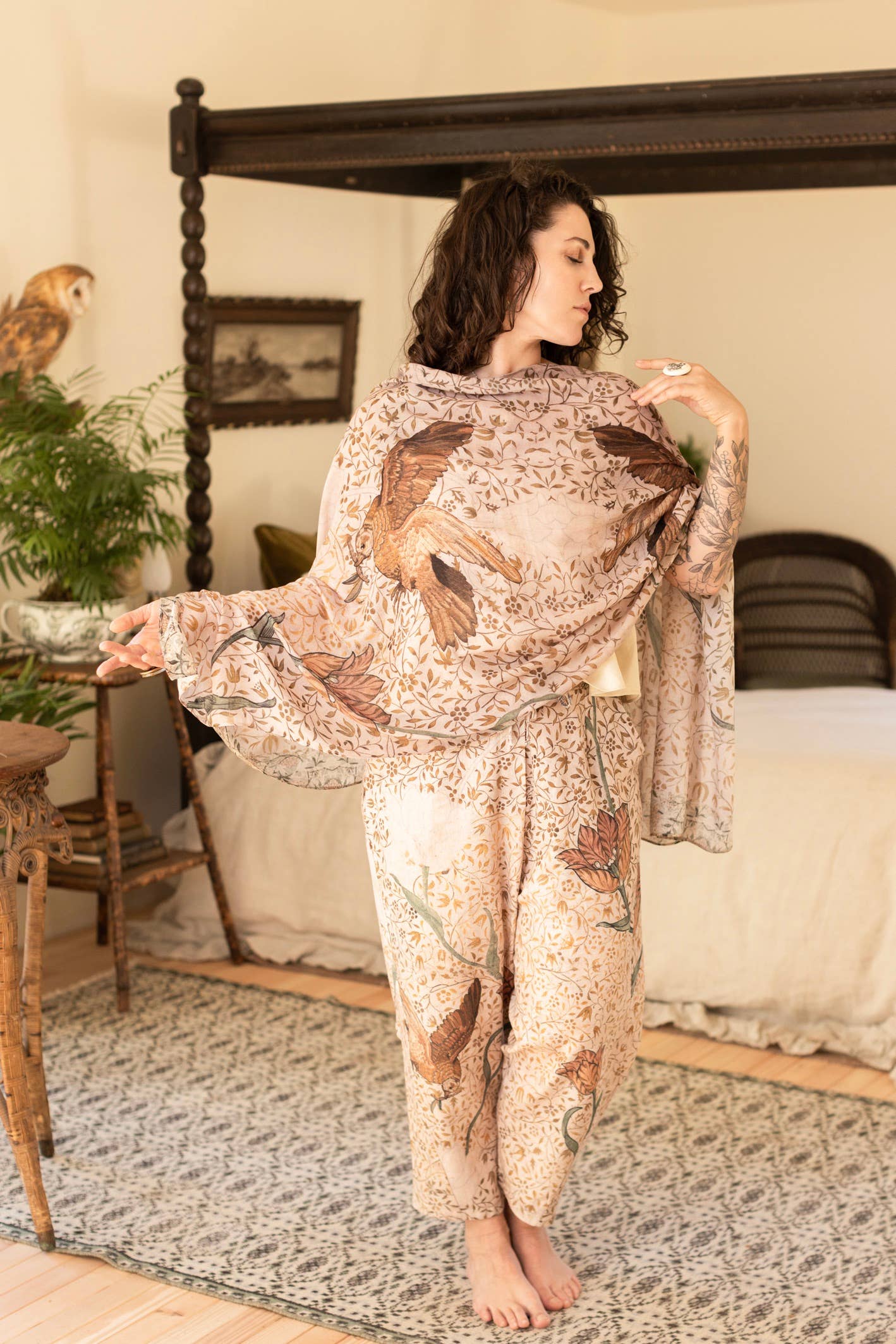 Folklore Floral Bamboo Scarf with Bird of Peace Image