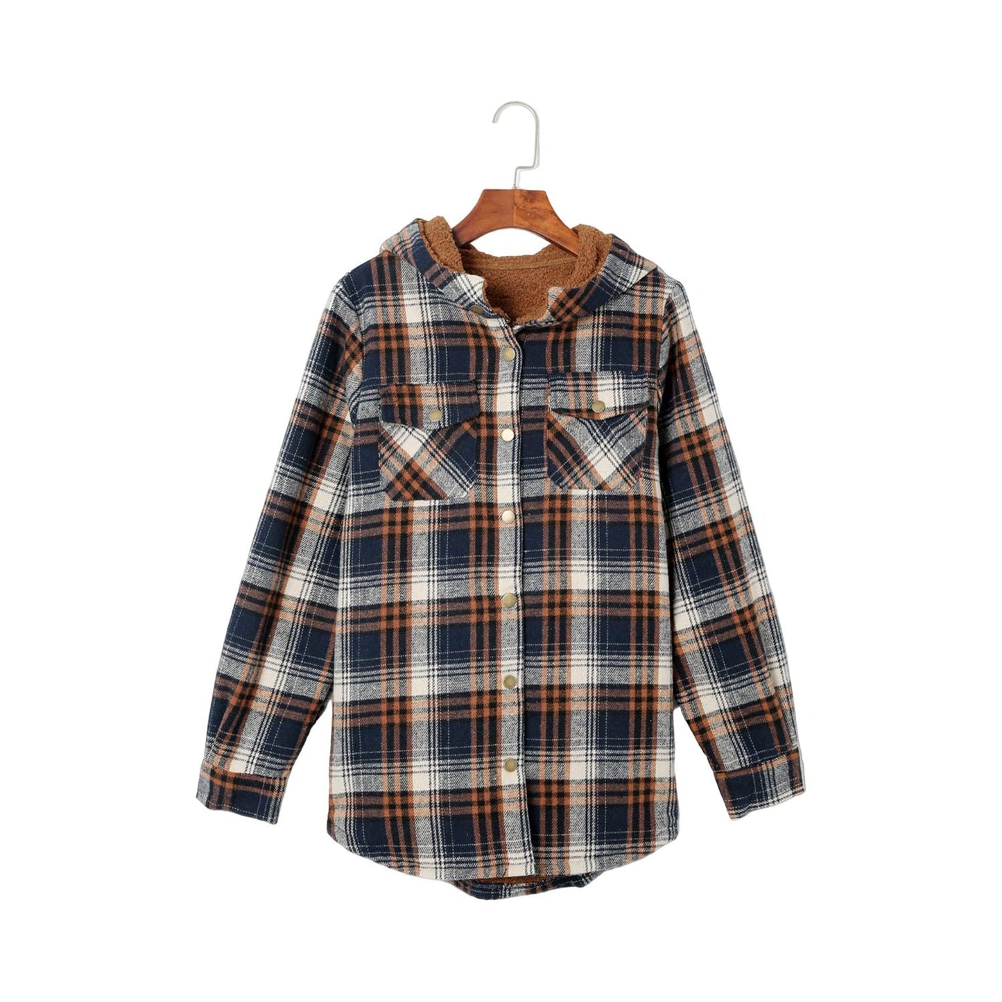 Gray Snap Button Sherpa Lined Hooded Flannel Jacket