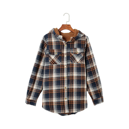 Gray Snap Button Sherpa Lined Hooded Flannel Jacket