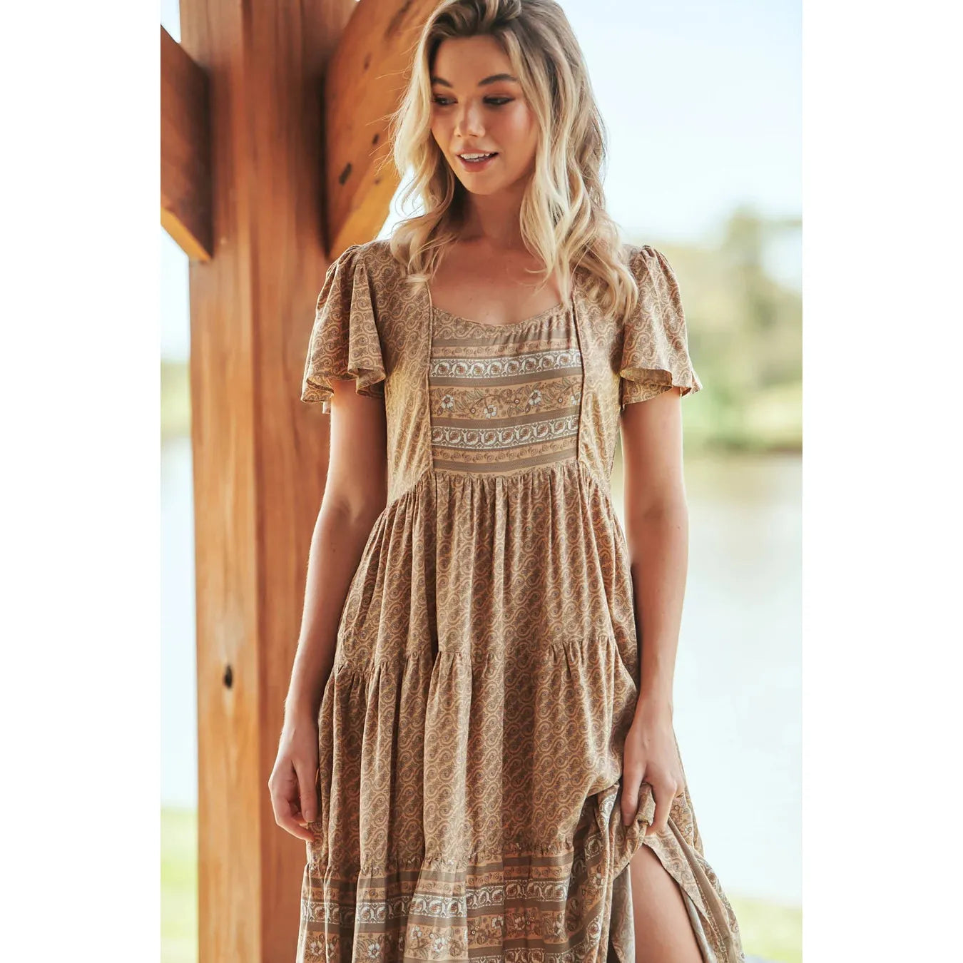 Jaase Isabella Bon Sand Maxi Dress – Boho Floral Tiered Summer Dress