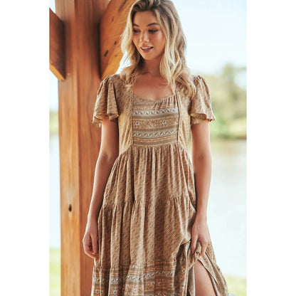 Jaase Isabella Bon Sand Maxi Dress – Boho Floral Tiered Summer Dress