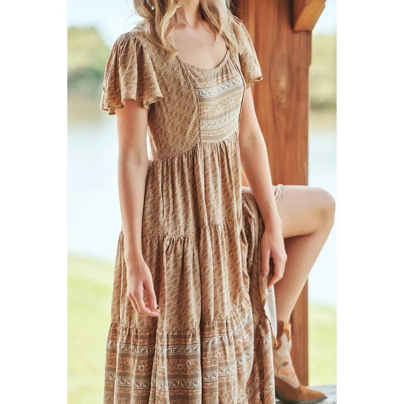 Jaase Isabella Bon Sand Maxi Dress – Boho Floral Tiered Summer Dress