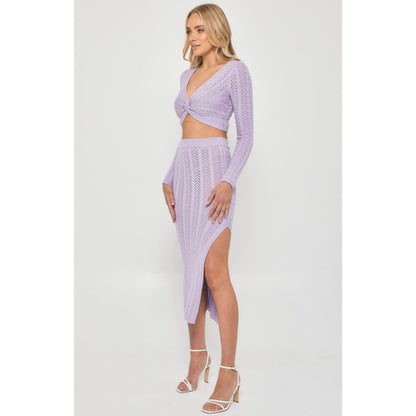 Crotchet Knit Set with Front Knot Top and Midi Skirt