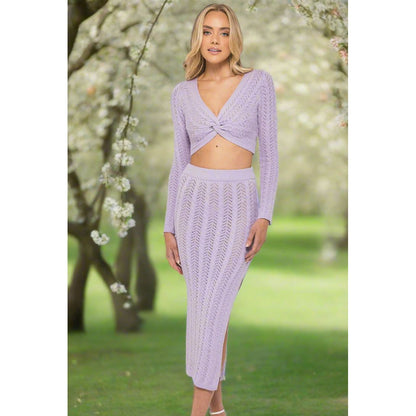 Crotchet Knit Set with Front Knot Top and Midi Skirt