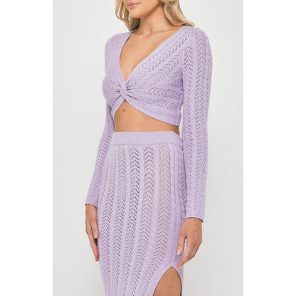 Crotchet Knit Set with Front Knot Top and Midi Skirt