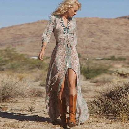 Stunning Beach Boho Design long dress, Vintage floral print Chiffon, three quarter sleeve. | Ginger Bear Boutique