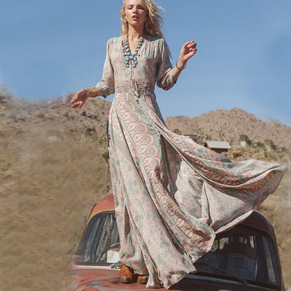 Stunning Beach Boho Design long dress, Vintage floral print Chiffon, three quarter sleeve. | Ginger Bear Boutique